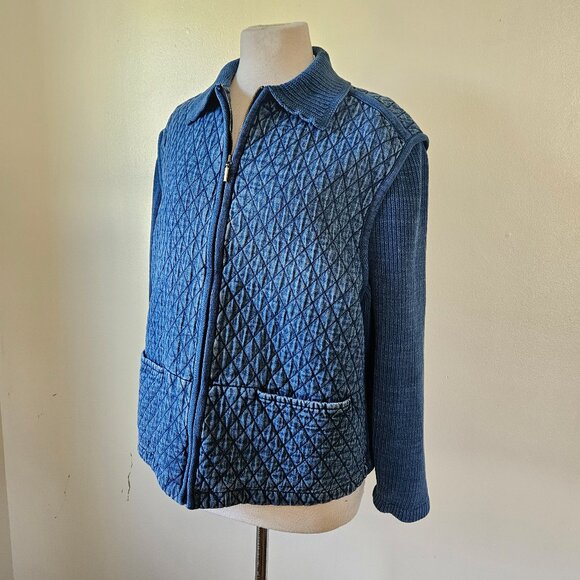 Vintage 90s Y2K Blast Indigo Blue Quilted Body Knit Sleeves Zip Jacket Sweater L - Picture 2 of 9